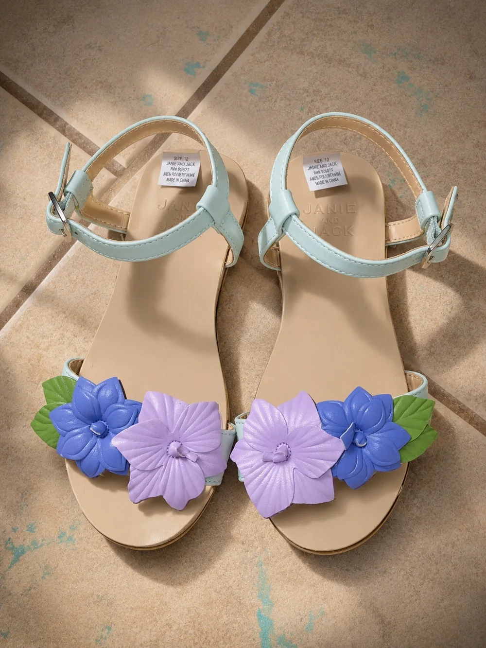 Janie and Jack Mint Girls' Sandals with Purple & Blue Flower Appliqués